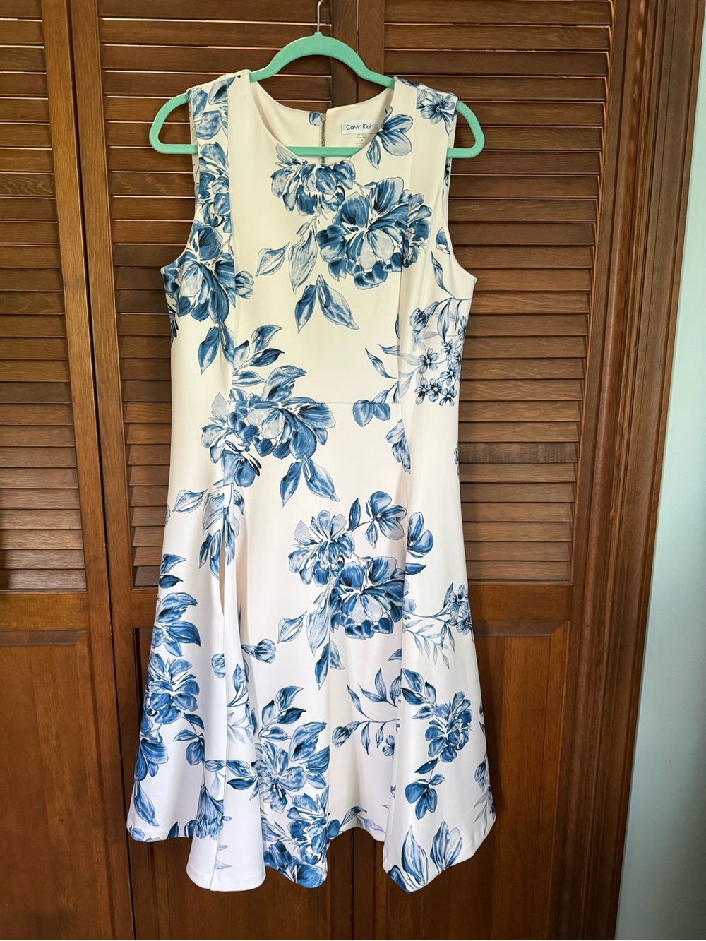 Calvin Klein Cream Midi Dress with Blue Floral Print